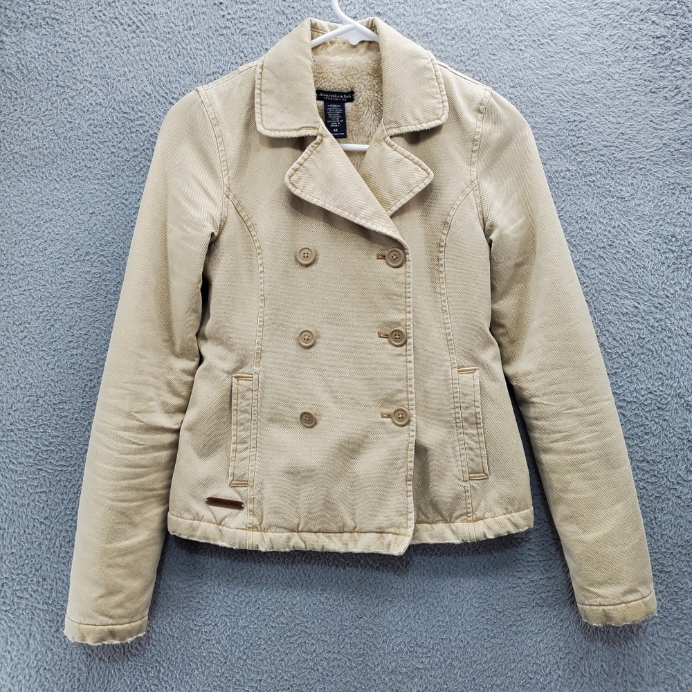 Abercrombie & Fitch Pea Coat Jacket Womens XS Tan Canvas Lined Y2K
